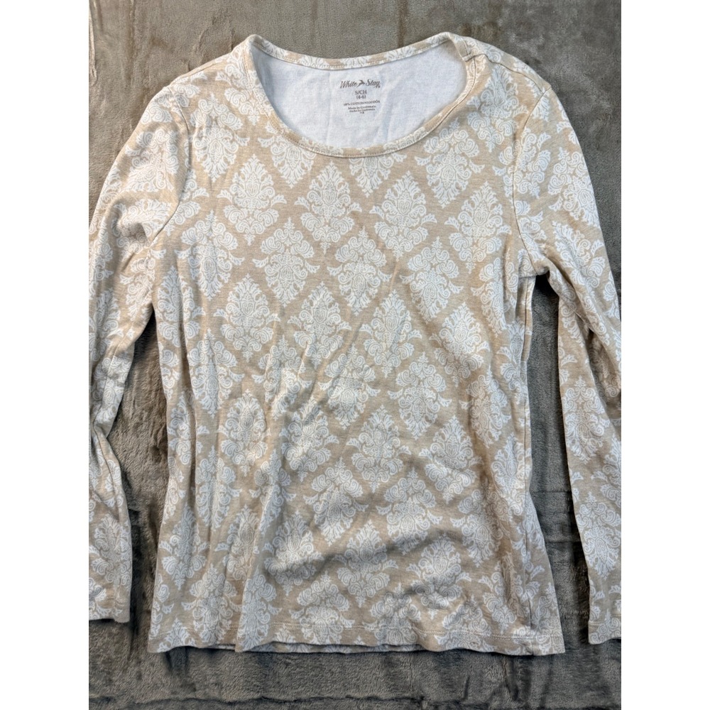 White Stag Womens Tan Cream‎ Damask Print Long Sleeve Cotton Top Everyday